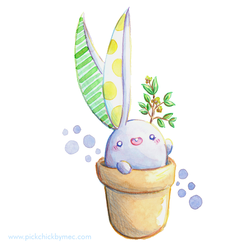 bulbunny conejito plantas ilustracion acuarela kawaii