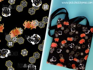 Totebag artesanal hecha a mano con estampado japones nekoi carpas gato kawaii