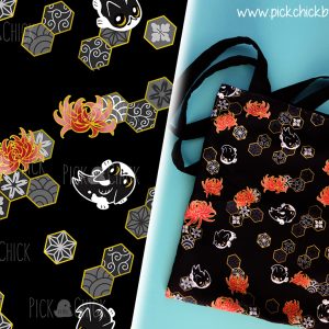 Totebag artesanal hecha a mano con estampado japones nekoi carpas gato kawaii