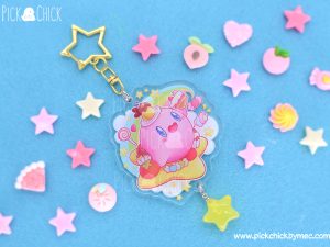 Llavero acrílico Kirby videojuego kawaii con estrella colgando
